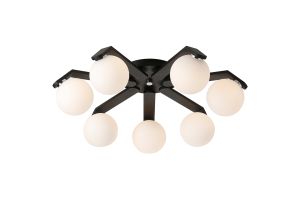 Bagno 64.5cm Flush Ceiling, 7 Light G9, IP44, Black/Polished Chrome/Opal Smooth Round Glass