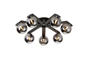 Bagno 64.5cm Flush Ceiling, 7 Light G9, IP44, Black/Polished Chrome/Smoke Smooth Round Glass