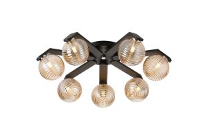 Bagno 64.5cm Flush Ceiling, 7 Light G9, IP44, Black/Polished Chrome/Amber Ribbed Round Glass