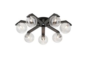 Bagno 64.5cm Flush Ceiling, 7 Light G9, IP44, Black/Polished Chrome/Clear Ribbed Round Glass