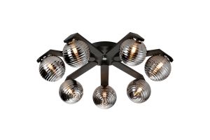 Bagno 64.5cm Flush Ceiling, 7 Light G9, IP44, Black/Polished Chrome/Smoke Ribbed Round Glass