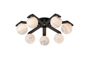 Bagno 64.5cm Flush Ceiling, 7 Light G9, IP44, Black/Polished Chrome/Grey Round Marble Effect Glass