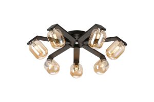 Bagno 64.5cm Flush Ceiling, 7 Light G9, IP44, Black/Polished Chrome/Amber Smooth Tubular Glass