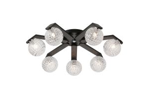 Bagno 64.5cm Flush Ceiling, 7 Light G9, IP44, Black/Polished Chrome/Clear Cross Pattern Round Glass