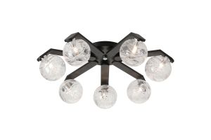 Bagno 64.5cm Flush Ceiling, 7 Light G9, IP44, Black/Polished Chrome/Clear Dune Effect Round Glass