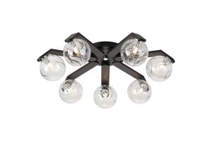 Bagno 64.5cm Flush Ceiling, 7 Light G9, IP44, Black/Polished Chrome/Clear Waved Round Glass