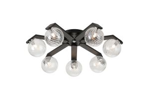 Bagno 64.5cm Flush Ceiling, 7 Light G9, IP44, Black/Polished Chrome/Clear Swirl Round Glass