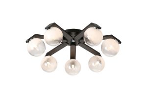 Bagno 64.5cm Flush Ceiling, 7 Light G9, IP44, Black/Polished Chrome/White Two-Tone Snow Specks Round Glass