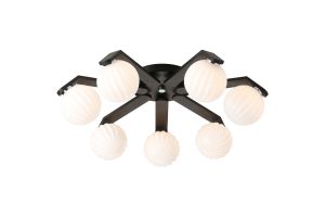 Bagno 64.5cm Flush Ceiling, 7 Light G9, IP44, Black/Polished Chrome/Opal Round Segment Glass