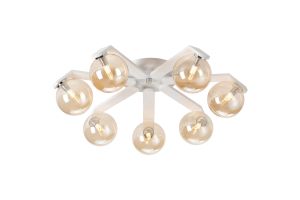 Bagno 64.5cm Flush Ceiling, 7 Light G9, IP44, White/Polished Chrome/Amber Smooth Round Glass