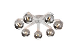 Bagno 64.5cm Flush Ceiling, 7 Light G9, IP44, White/Polished Chrome/Smoke Smooth Round Glass