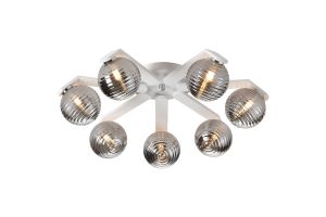 Bagno 64.5cm Flush Ceiling, 7 Light G9, IP44, White/Polished Chrome/Smoke Ribbed Round Glass