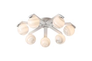 Bagno 64.5cm Flush Ceiling, 7 Light G9, IP44, White/Polished Chrome/Grey Round Marble Effect Glass