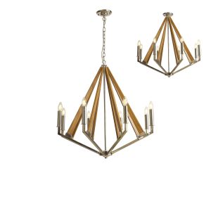 Hilton 81cm Octagonal Pendant 8 Light E14 Polished Nickel/Taupe Wood