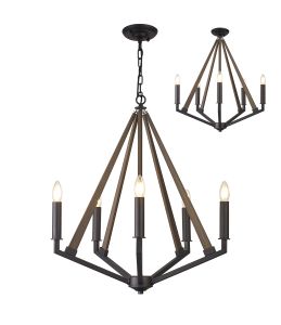 Hilton 60cm Pentagonal Pendant 5 Light E14 Satin Black/Dark Grey Wood