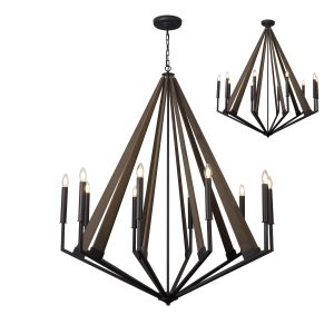 Hilton 112cm Decagonal Pendant 10 Light E14 Satin Black/Dark Grey Wood, (ITEM REQUIRES CONSTRUCTION/CONNECTION)