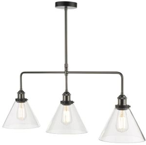 Ray 3 Light E27 Antique Nickel Adjustable Linear Bar Pendant With Clear Glass Conical Shades