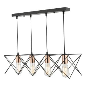 Midi 4 Light E27 Matt Black With Bright Copper Scandi-Style Caged Adjustable Linear Bar Pendant