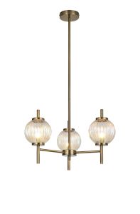 Gualtier 55cm Multi Height Pendant, 3 x G9, Antique Brass/Light Iridescent Glass