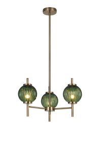 Gualtier 55cm Multi Height Pendant, 3 x G9, Antique Brass/Moss Green Glass