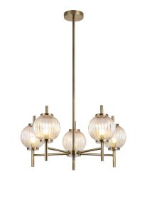 Gualtier 65cm Multi Height Pendant, 5 x G9, Antique Brass/Light Iridescent Glass