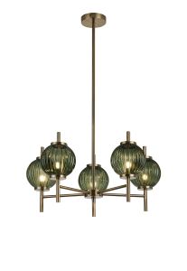 Gualtier 65cm Multi Height Pendant, 5 x G9, Antique Brass/Moss Green Glass