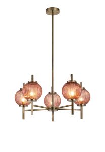 Gualtier 65cm Multi Height Pendant, 5 x G9, Antique Brass/Blush Pink Glass