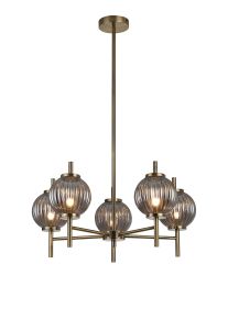 Gualtier 65cm Multi Height Pendant, 5 x G9, Antique Brass/Smoke Glass