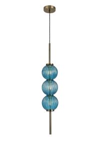 Gualtier 15cm Pendant, 3 x G9, Antique Brass/Blue Glass