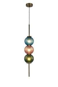 Gualtier 15cm Pendant, 3 x G9, Antique Brass/Blue/Moss Green/Blush Pink Glass