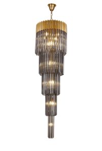 Vita 50cm Pendant Round 5 Tier 18 Light E14, Brass/Smoke Sculpted Glass Item Weight: 42kg