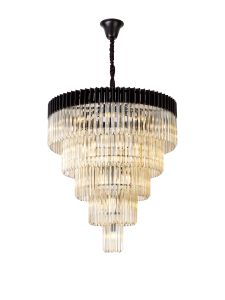 Vita 96cm Pendant Round 5 Tier 23 Light E14, Matt Black/Cognac Sculpted Glass Item Weight: 48kg