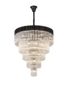 Vita 96cm Pendant Round 5 Tier 23 Light E14, Matt Black/Clear Sculpted Glass Item Weight: 48kg