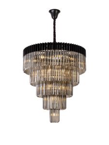 Vita 96cm Pendant Round 5 Tier 23 Light E14, Matt Black/Smoked Sculpted Glass Item Weight: 48kg