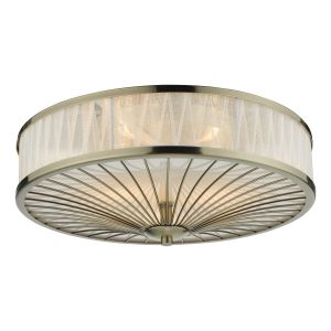 Oslo 3 Light E27 Antique Brass Flush Fitting Wrapped In Sheer, Faux Organza Ribbon In Ivory