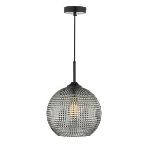 Soren 1 Light E27 Black Adjustable Pendant With Smoked Textured Round Glass Shade