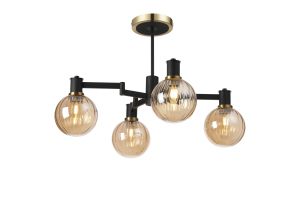 Erdi 55cm Swing Arm Semi Ceiling, 4 Light E14, Brass/Satin Black/Amber Plated Round Segment Glass