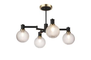 Erdi 55cm Swing Arm Semi Ceiling, 4 Light E14, Brass/Satin Black/Clear Round Textured Diamond Pattern Glass