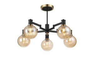 Erdi 71cm Swing Arm Semi Ceiling, 5 Light E14, Brass/Satin Black/Amber Plated Round Segment Glass