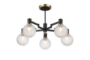 Erdi 71cm Swing Arm Semi Ceiling, 5 Light E14, Brass/Satin Black/Clear Round Textured Diamond Pattern Glass