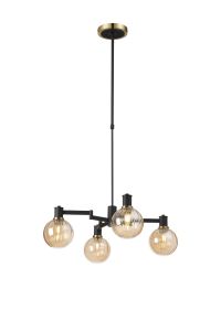 Erdi Telescopic Pendant, 4 Light E14, Brass/Satin Black/Amber Plated Round Segment Glass