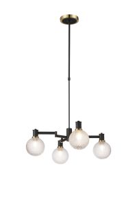 Erdi Swing Arm Telescopic Pendant, 4 Light E14, Brass/Satin Black/Clear Round Textured Diamond Pattern Glass