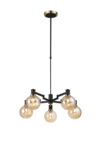 Erdi Telescopic Pendant, 5 Light E14, Brass/Satin Black/Amber Plated Round Segment Glass