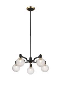 Erdi Telescopic Pendant, 5 Light E14, Brass/Satin Black/Clear Round Textured Diamond Pattern Glass