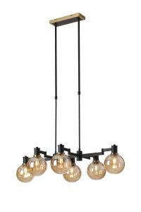 Erdi Swing Arm Telescopic Linear Pendant, 6 Light E14, Brass/Satin Black/Amber Plated Round Segment Glass