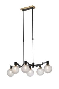 Erdi Swing Arm Telescopic Linear Pendant, 6 Light E14, Brass/Satin Black/Clear Round Textured Diamond Pattern Glass