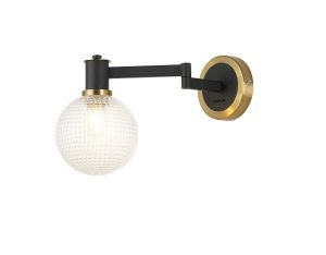 Erdi Adjustable Wall Light 1 Light E14, Brass/Satin Black/Clear Round Textured Diamond Pattern Glass