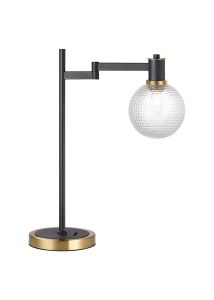 Erdi Swing Arm Table Lamp 1 Light E14, Brass/Satin Black/Clear Round Textured Diamond Pattern Glass