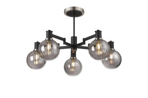 Erdi 71cm Swing Arm Semi Ceiling, 5 Light E14, Satin Nickel/Satin Black/Smoke Plated Round Segment Glass