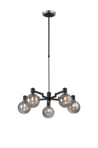 Erdi Telescopic Pendant, 5 Light E14, Satin Nickel/Satin Black/Smoke Plated Round Segment Glass